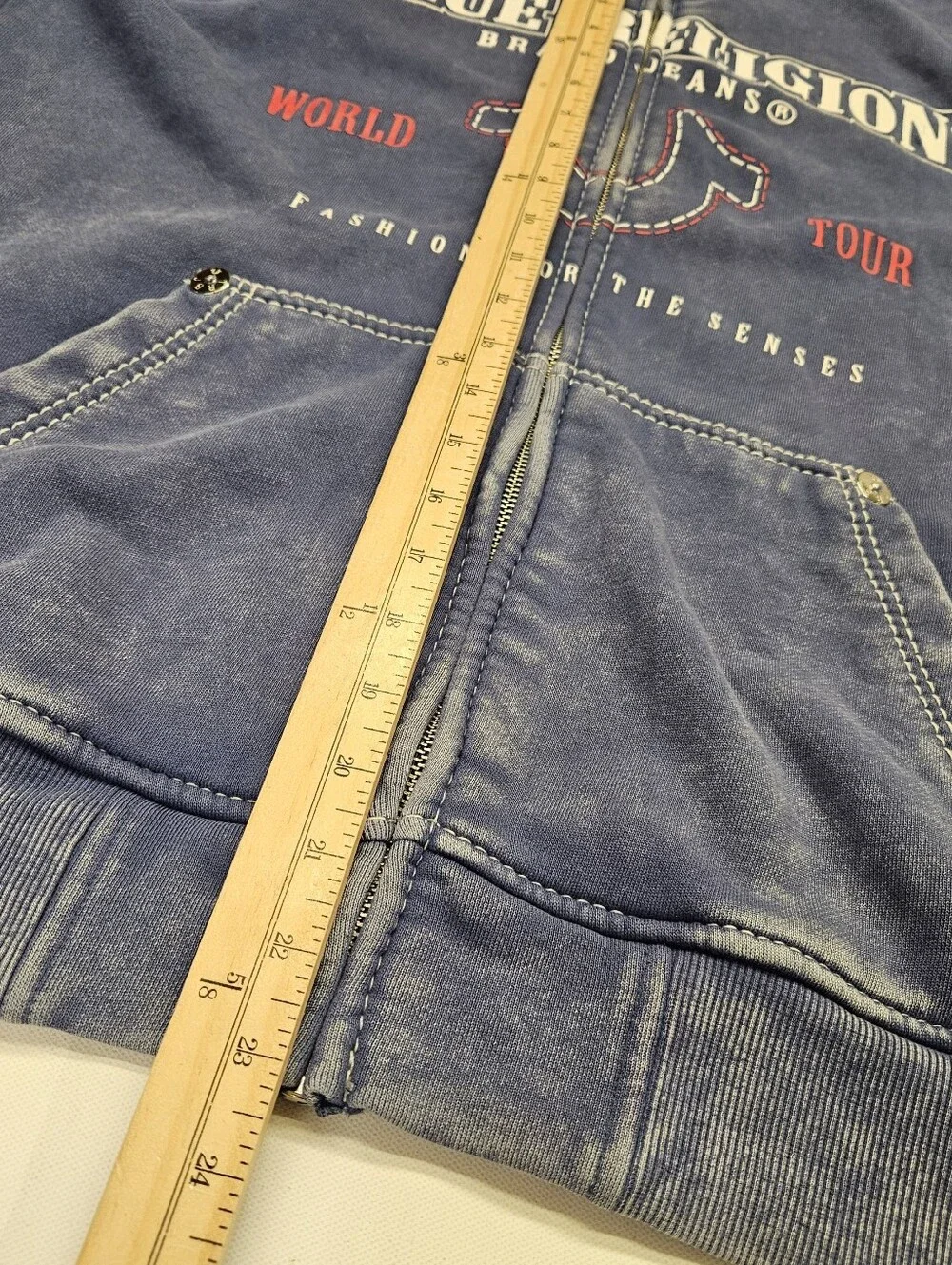 True Religion Jacket Mens Medium Blue Full Zip Big T Hoodie Acid Wash Sweatshirt